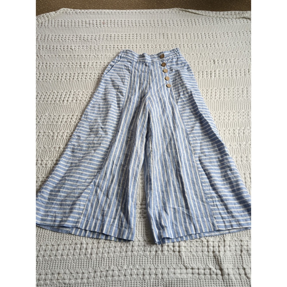 Yuvita 100% Linen Wide Leg High Waist Crop Pants Stripes Blue White Sm XS 25X23